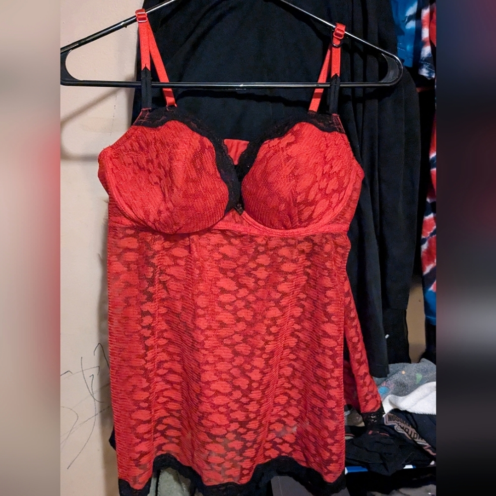 Jezebel Red and Black Lace Chemise with Padded Cups